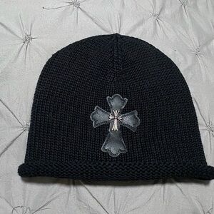 Chrome Hearts Black Knit Beanie with Leather Cross Patch